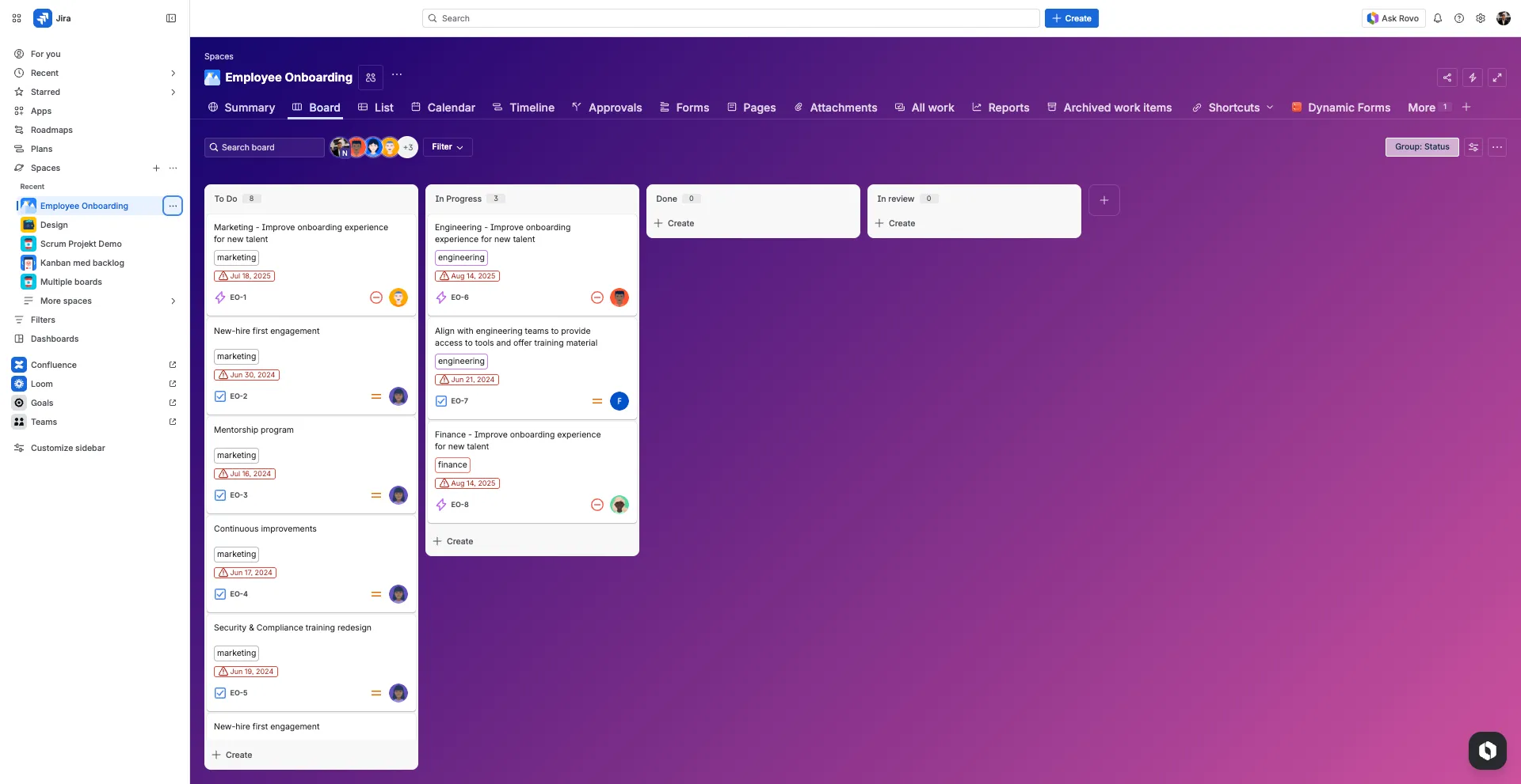 Kanban-board i Jira med opgaver organiseret i kolonner efter status