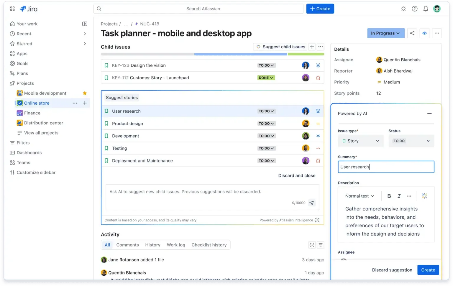 Atlassian Intelligence AI Work Breakdown med automatiske forslag til opdeling af epics i opgaver