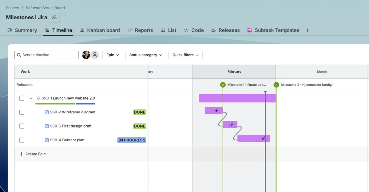 Milestones og timeline feature i Jira