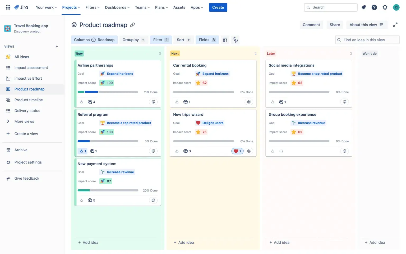 Kanban-board i Jira med prioriterede idéer og opgaver organiseret i kolonner