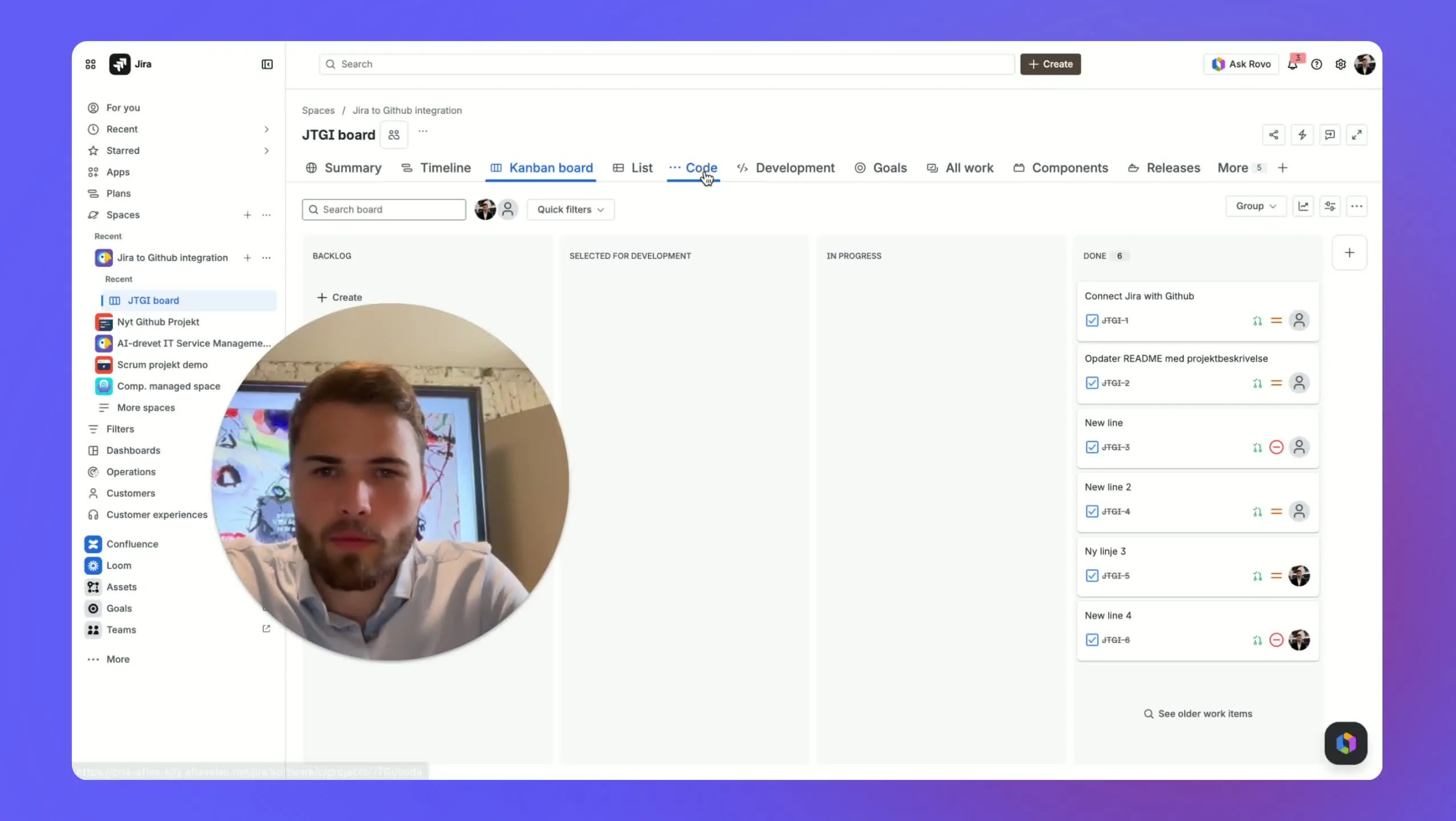 Forbind Jira til GitHub via Code-menuen